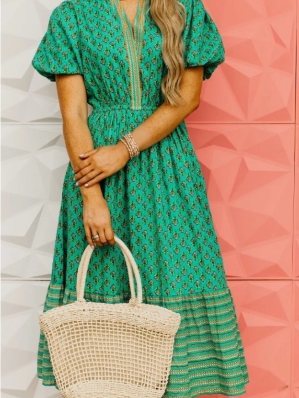 THML Teal Green Printed Maxi Dress with Puff Sleeves